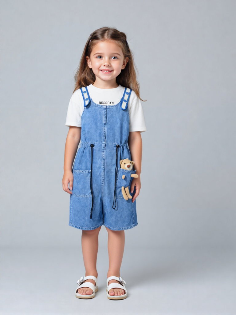 jean romper with white t shirt & bear (imported) jean romper with white t shirt & bear (imported)