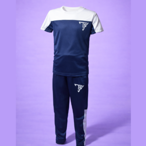 blue and white track suit
