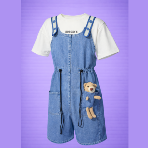 jean romper with white t shirt & bear (imported)