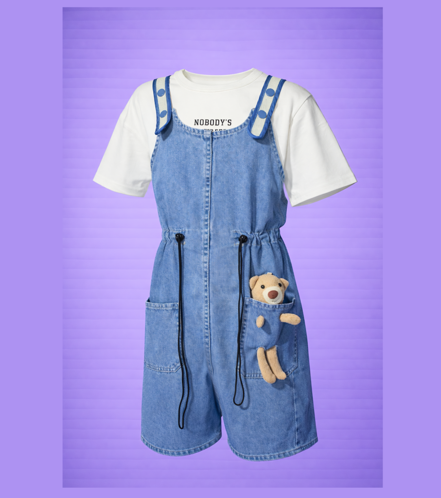 Home Jeans Romper with White T-Shirt & Bear (Imported)