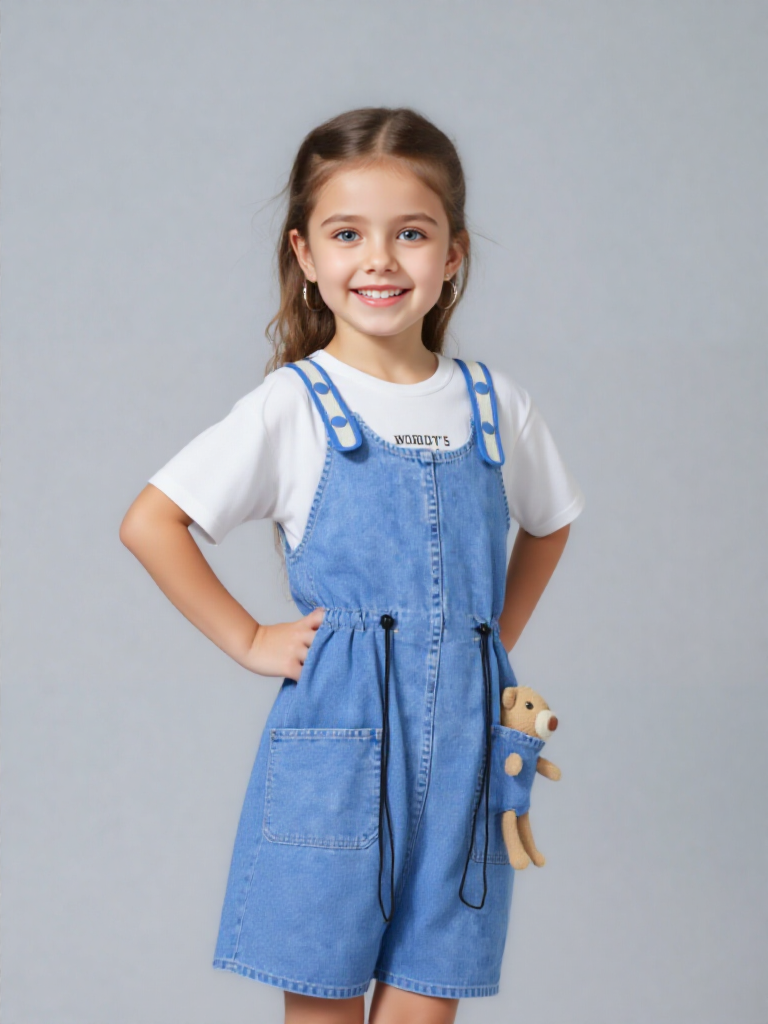 jean romper with white t shirt & bear (imported) jean romper with white t shirt & bear (imported)