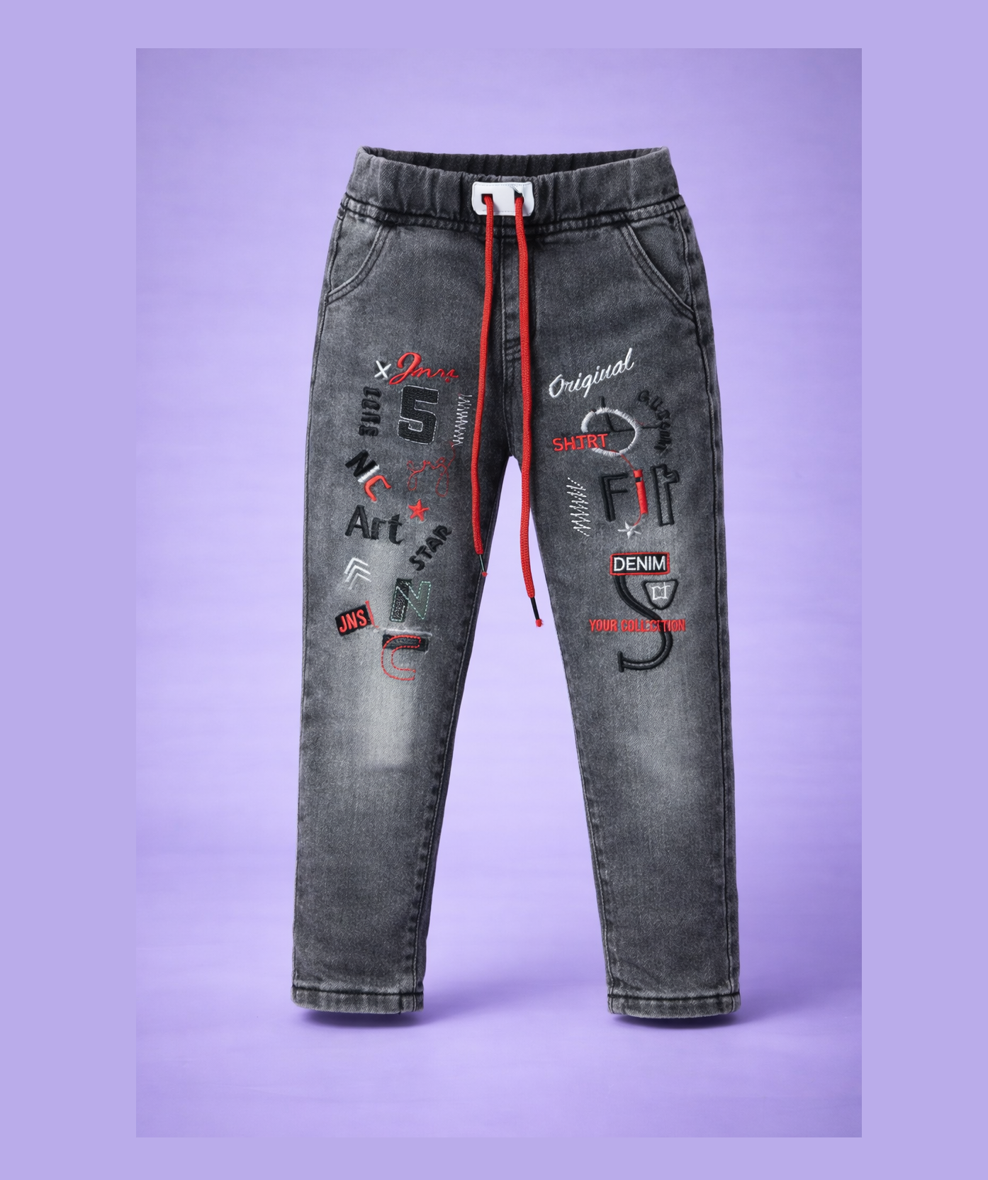 denim grey jeans (red & black embroidery) denim grey jeans (red & black embroidery)