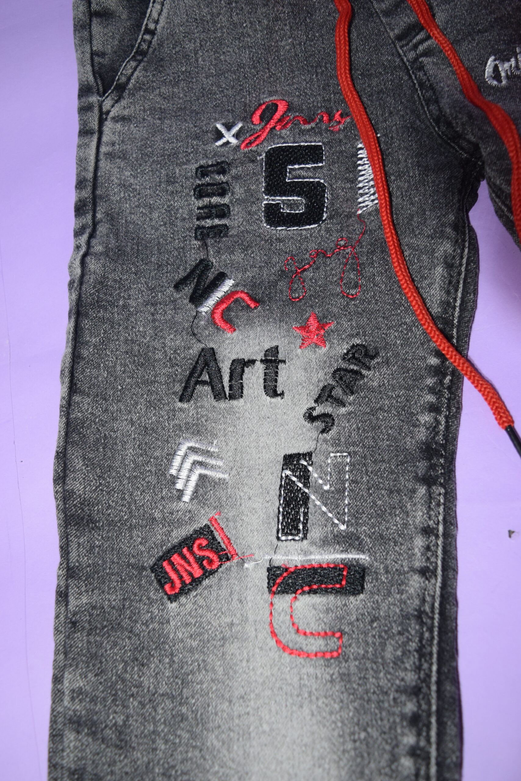 denim grey jeans (red & black embroidery) denim grey jeans (red & black embroidery)