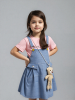 Jeans Romper with Pink T-Shirt & Hanging Bear (Imported) - Image 4