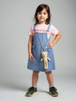 Jeans Romper with Pink T-Shirt & Hanging Bear (Imported)