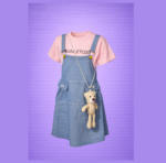 Jeans Romper with Pink T-Shirt & Hanging Bear (Imported) - Image 2