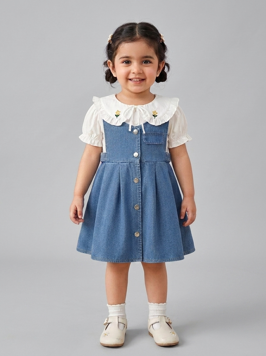 Toddler_girl_dress_and_shoes_202606230342 White Shirt with Jeans Frock - Image 1