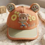 Orange and Skin Kids Cartoon Cap with Cute 3D Bear (Imported)