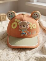 Orange and Skin Kids Cartoon Cap with Cute 3D Bear (Imported)