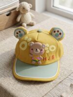 Mustard & Olive Green Kids Cartoon Cap with Cute 3D Bear (Imported)